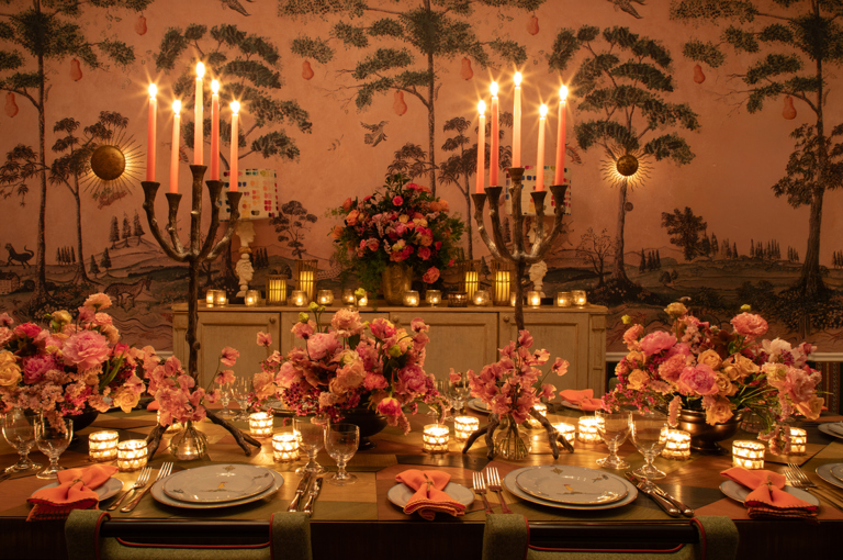 Close shot of an evening dining table set-up at candlelight in the Araminta private events room at the Whitby Hotel