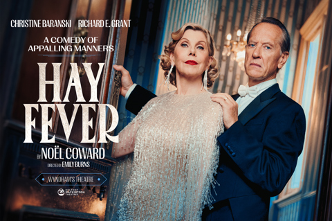 A promotional poster for Hay Fever play at Wyndham's Theatre. Christine Baranski stands dressed in a jewelled tassel dressed and Richard E. Grant stands behind her dressed in a suit and white bow tie
