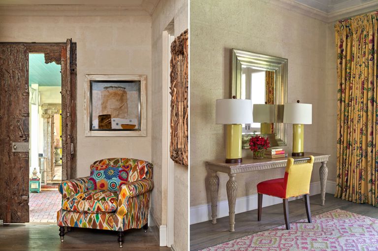 A stitched image of Bedroom 5 at Rossferry the property in Barbados managed by Firmdale Hotels. On the left, a colourful armchair by and open door beneath some art. On the right, a yellow chair in front of a desk with a mirror above. 
