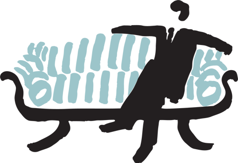 Covent Garden Hotel icon. An animated poster of a man wearing a blacksuit and seating on light blue and blackcurved sofa