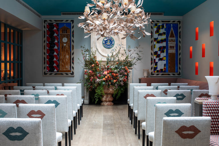 Back shot of a wedding style set-up in the Orangery private events room at Warren Street Hotel