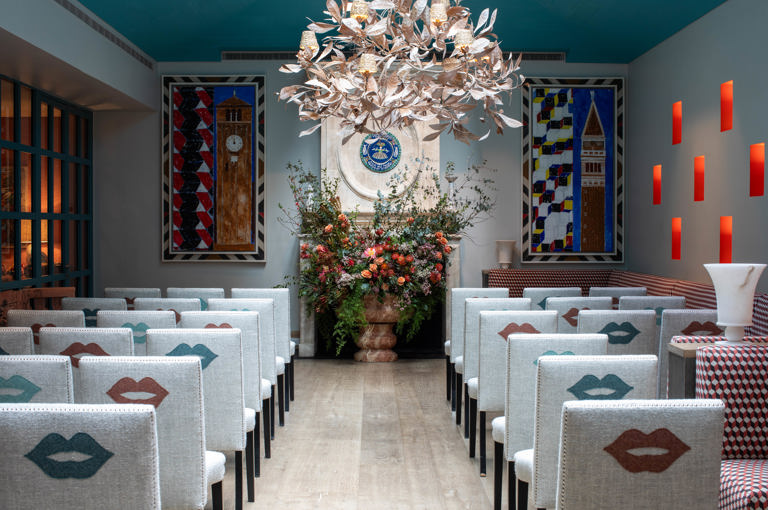 Back shot of a wedding style set-up in the Orangery private events room at Warren Street Hotel