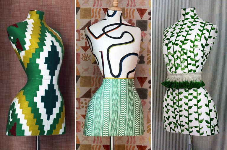 A split image of three different mannequins in green bold fabrics. 