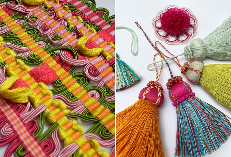A stitched image to promote the Passementerie Tassel making workshop with Elizabeth Ashdown at Ham Yard Hotel. On the left and image of Passementerie and on the right an example Passementerie tassels.