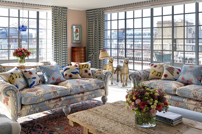 Diagonal living room shot of room 504, the One Bedroom Terrace Suite at The Soho Hotel