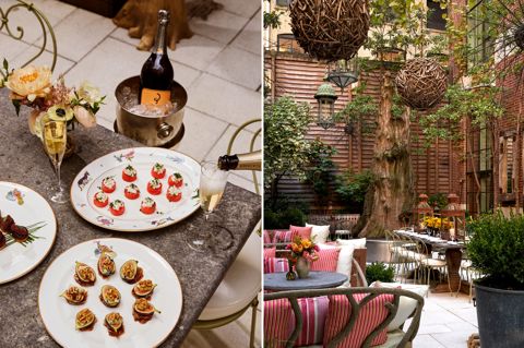 Two portrait images stitched together. On the right, a close up of plates of canapes and Champagne on a table in the Sculpture Garden. On the left, the Sculpture Garden at Crosby Street Hotel. There are sofas and low tables and a long table with dining chairs surrounded by plants