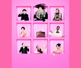 A promotional poster for The Importance of Being Earnest West End production. A bright pink background with white text on the bottom half and a grid of window spaces with characters in costume leaning through them on the top.