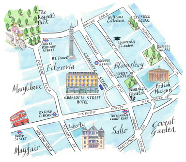 An illustrated map of Fitzrovia surrounding Charlotte Street Hotel. Larger fonts and icons signify key areas, Dominion Theatre, British Museum, Liberty, BT Tower and nearby underground stations