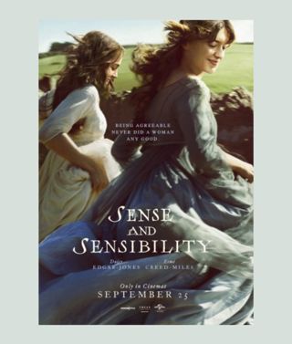 A promotional poster for the 2026 'Sense and Sensibility' film. Two young women wearing period dresses run across a field. White text is printed over the top of them. The poster is surrounded by a light blue border