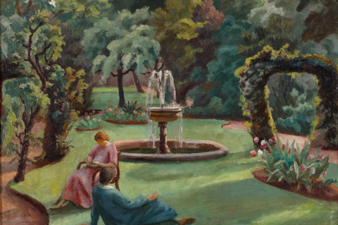 A painting of a tree-filled garden with a water fountain in the middle. To the left, a women sits reading on a chair and another woman sits on the grass