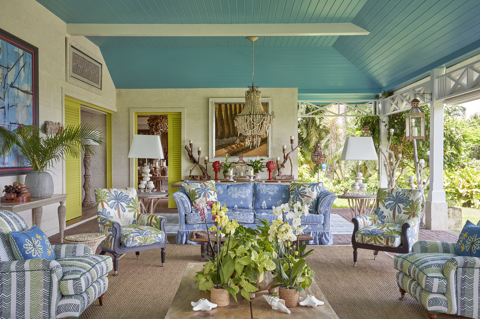 An image of the seating area in the outdoor terrace at Rossferry, the Caribbean property managed by Firmdale Hotels. 
