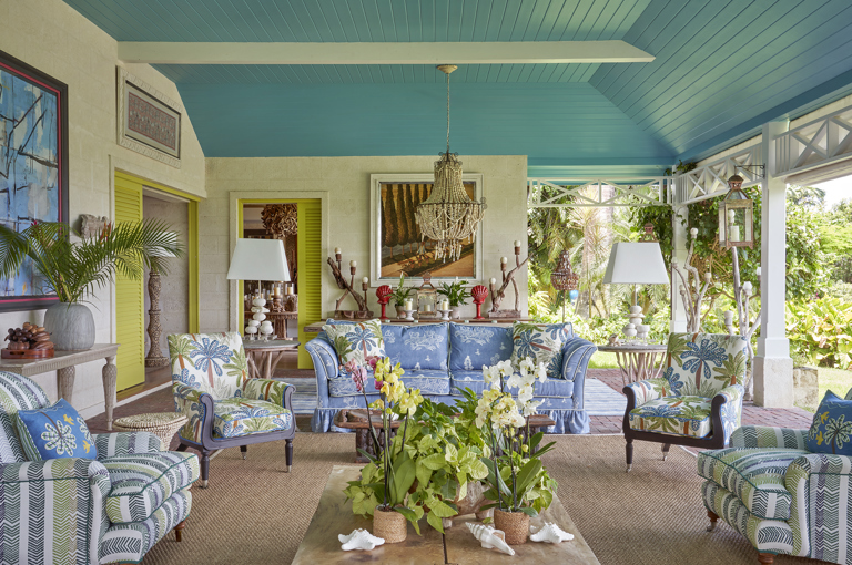 An image of the seating area in the outdoor terrace at Rossferry, the Caribbean property managed by Firmdale Hotels. 