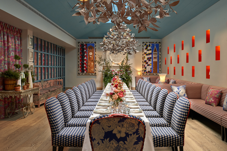 Long dining table set-up in the Orangery private events room at Warren Street Hotel
