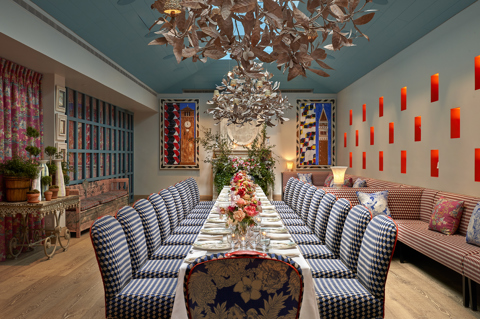 Long dining table set-up in the Orangery private events room at Warren Street Hotel