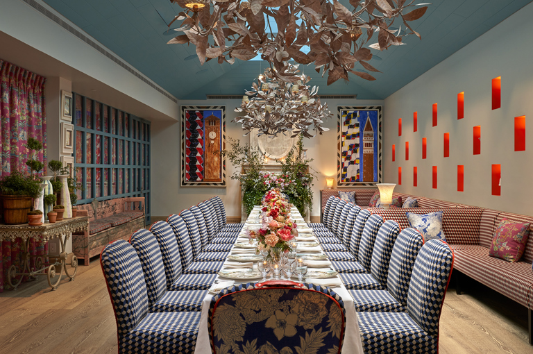 Long dining table set-up in the Orangery private events room at Warren Street Hotel
