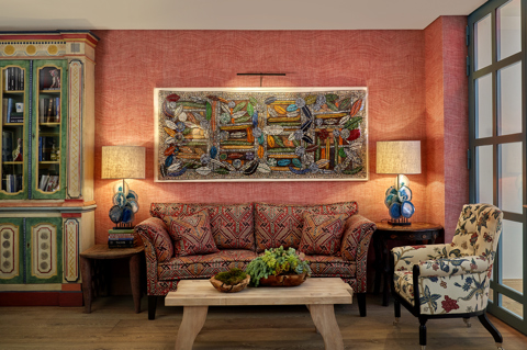 Close shot of a lounger area in the Drawing Room at Warren Street Hotel