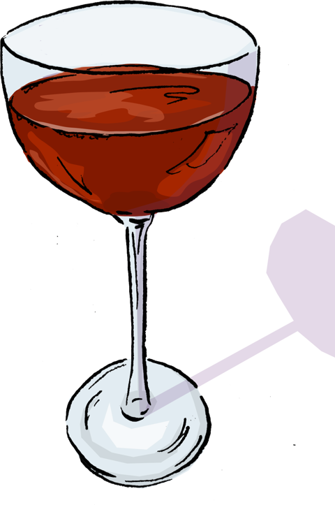 An illustration of a red-toned tall cocktail, with an umbrella image