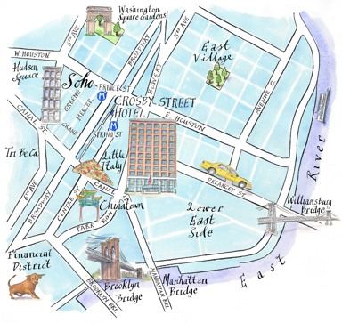 An illustrated map of SoHo surrounding Crosby Street Hotel. Larger fonts and icons signify key areas, Hudson Square, Washington Square Gardens, The Brooklyn Bridge and East Village and nearby underground stations.