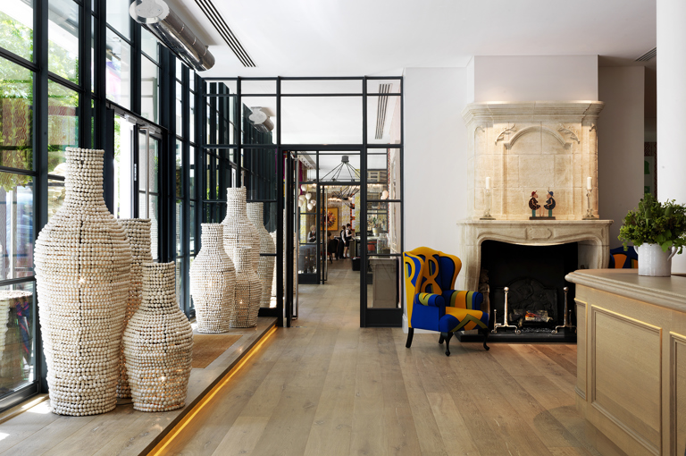 Wide shot of the Lobby at Ham Yard Hotel