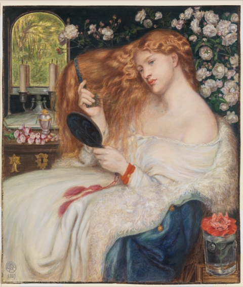A painting by Roger Fry. A woman dressed in a white floaty dress brushing her long red hair, surrounded by flowers