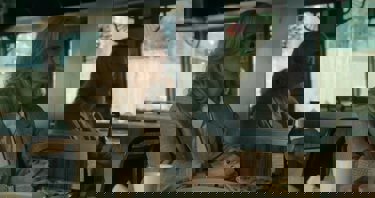 A still from the film 'After the Hunt'. A woman dressed in smart clothing can be seen sat at a table staring sternly at someone off screen