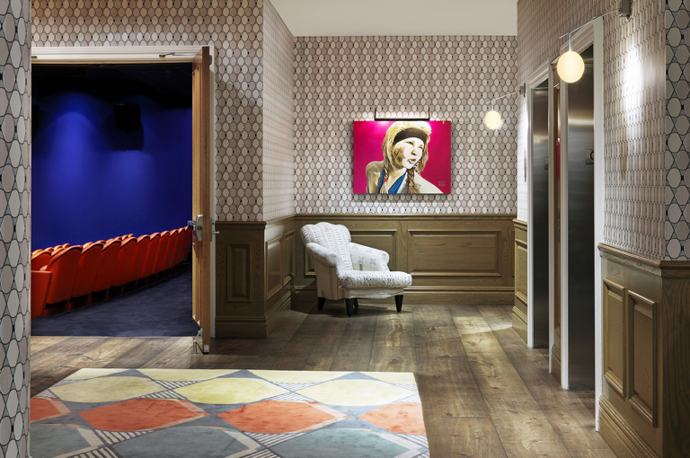 Close shot of the entrance to the screening room from the private events lobby at Crosby Street Hotel