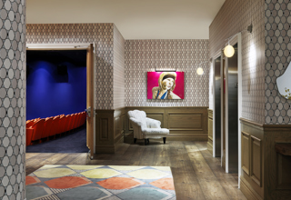 Close shot of the entrance to the screening room from the private events lobby at Crosby Street Hotel