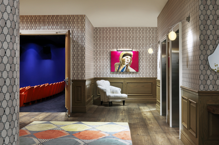 Close shot of the entrance to the screening room from the private events lobby at Crosby Street Hotel