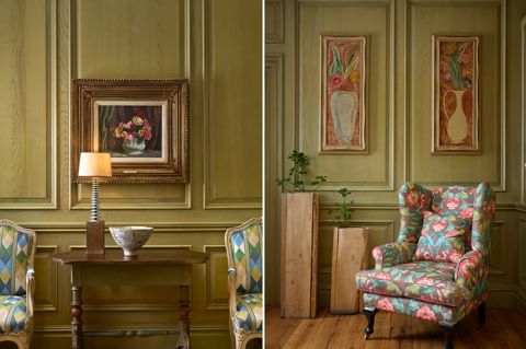 Two portrait images stitched together. Closeup shot of artwork in the Drawing Room at Charlotte Street Hotel and some armchairs. 
