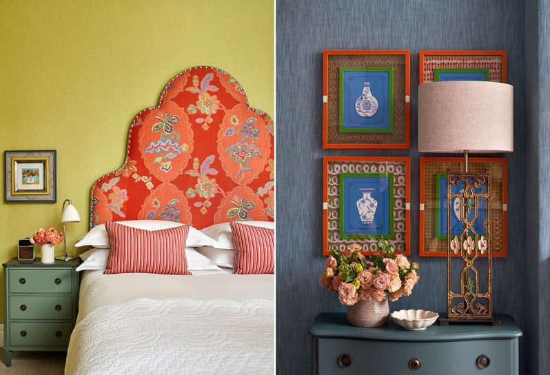 Two portraits shots stitched. On the left, in front of a lime green wall there is a bed with a headboard upholstered in orange 'Chainstitch' fabric and two orange and pink striped cushions, with a turquoise chest of drawers next to it. On the right, a blue chest of drawers with pink flowers and a lamp on top in front of a blue wall with 4 framed paper prints.
