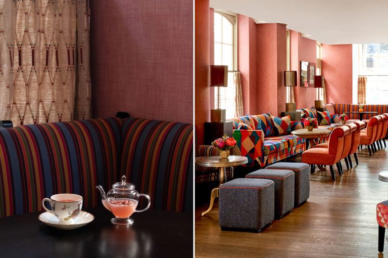 Stitched image. On the left, The Wilde Affair cocktail. On the right, Brumus bar at Haymarket Hotel