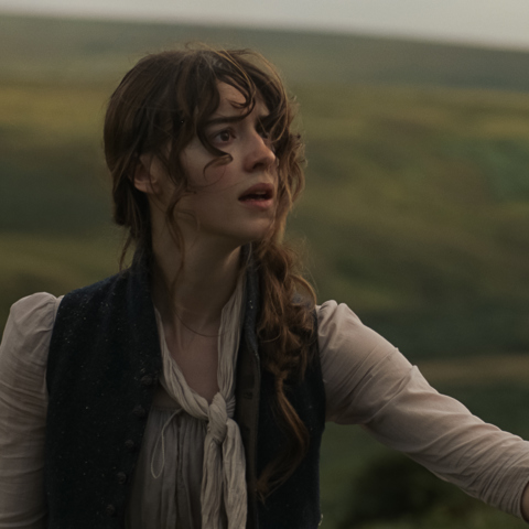 A still from the film 'Sense and Sensibility'. A close up of a woman expressing concern. She is standing in a field, dressed in period clothing with messy hair