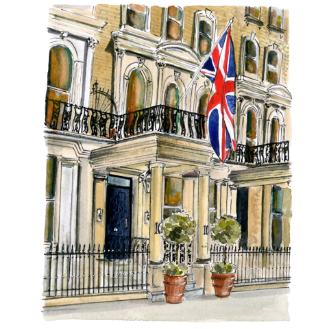 A watercolor-style illustration of Knightsbridge Hotel London exterior.