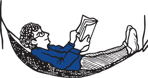 Ham Yard Hotel icon. An animated poster of a man wearing blue shirt reading a book in a black Hammack.