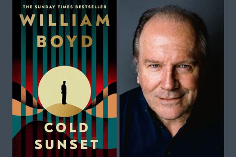 Stitch of two images. One on the left showing the cover art of William Boyds new book 'Cold Sunset', one on the right showing William Boyd.
