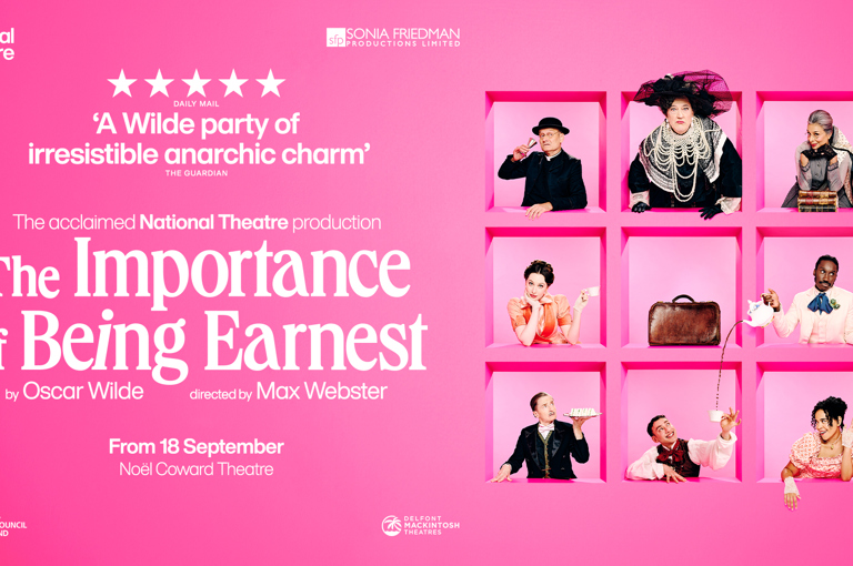A bright pink graphic featuring the cast of The Importance of Being Earnest at Noel Coward Theatre