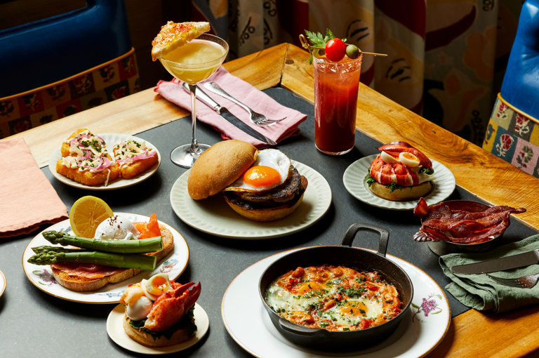 An image of multiple dishes from the brunch menu at Charlotte Street hotel.