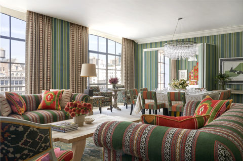 Diagonal living room shot of room 1107, a Two Bedroom Crosby Suite at Crosby Street Hotel