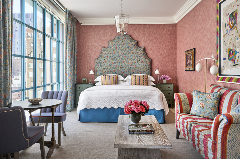 A wide bedroom shot of Deluxe Junior Suite, 1106 at Warren Street Hotel