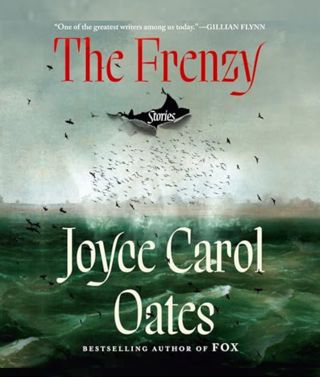The book cover of 'The Frenzy by Joyce Carol Oates. Small black birds can be seen flying across a dark seascape, seeming to appear from a tear on the front cover