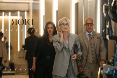A still from the film "The Devil Wears Prada 2": the image displays three people walking into an office