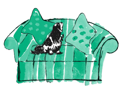 Warren Street Hotel Icon. An animated poster of a green sofa with two cushions and a dog seating on it.