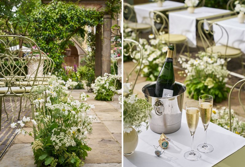 Two images stitched together. On the left, a close up shot of chairs facing the altar of a garden wedding ceremony, there are white flowers and greenery sprouting from the bottom of the chairs. On the right, an ice bucket with a bottle of Champagne, two glasses of Champagne and a bud vase of flowers on a table in a garden.