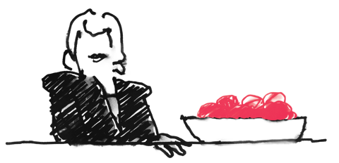 Knightbridge Hotel Icon. An animated poster of a lady in black and red fruit bowl.