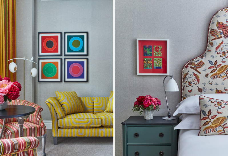 Two stitched photos. On the left, a yellow sofa, two striped arm chairs, a coffee table and standing lamp, four geometric multicoloured prints on a grey wall. On the right, a close up shot of a bed with a yellow and red patterned headboard