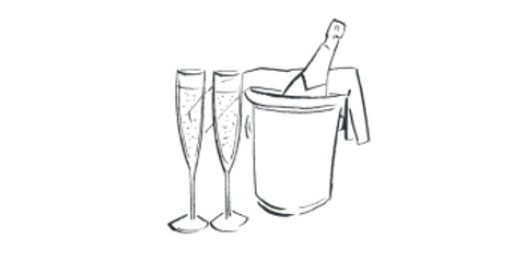 Black outline illustration of Champagne glasses and ice bucket on a transparent background
