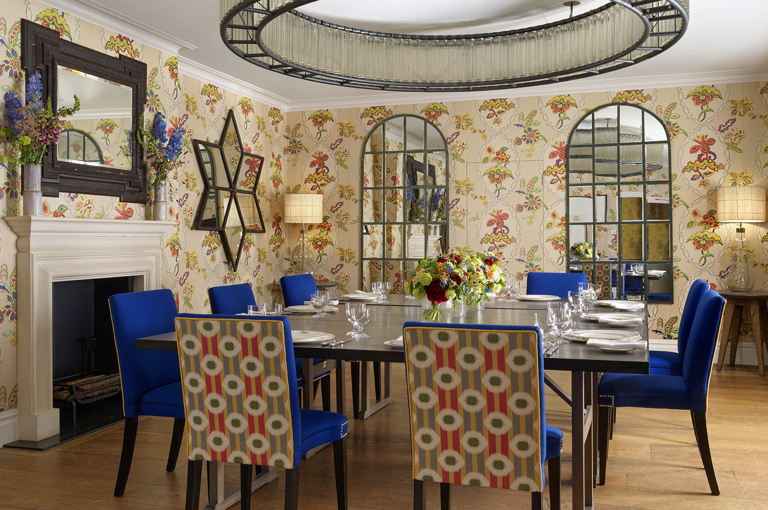 Squared dining table set-up in the Fortune private events room at Covent Garden Hotel