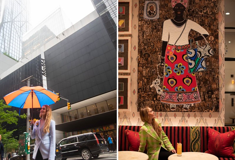 Two portrait images stitched together. On the left, Firmdale Hotels Art Ambassador and Design Director, Willow Kemp stands under a blue and orange umbrella on the street outside MoMa in New York. On the right, Willow Kemp sits on banquetter seating by a bar table in The Whitby Bar, looking up at a piece of artwork on the wall behind.