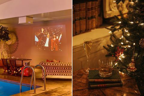 This stitched image shows a festive Christmas experience at Haymarket Hotel, on the left, the swimming pool transformed into an intimate cinema setting with the 'Love Actually' film projected onto the wall, on the right, champagne and whisky served beside a twinkling Christmas tree.