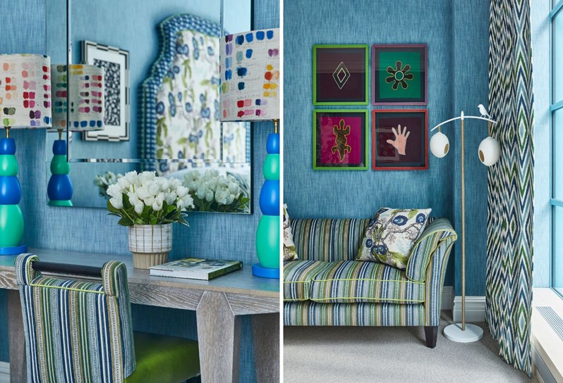 Two stitched images. On the left, a wooden console table with two statement table lamps at either end in shades of blue and green. On the right, a blue and green striped sofa sits against a blue fabric wall. Above are hung four colourful prints in shades of green, purple and red.
